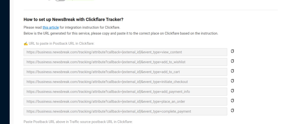In the “How to set up NewsBreak with ClickFlare Tracker” section, copy the URLs provided there. These are your Traffic…