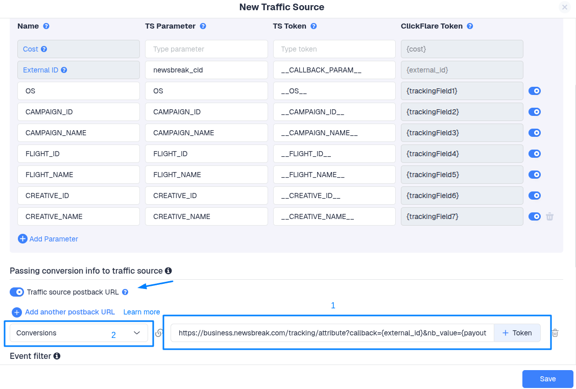 In ClickFlare, go to Traffic Sources and edit the NewsBreak traffic source template. Enable the toggle for Traffic…