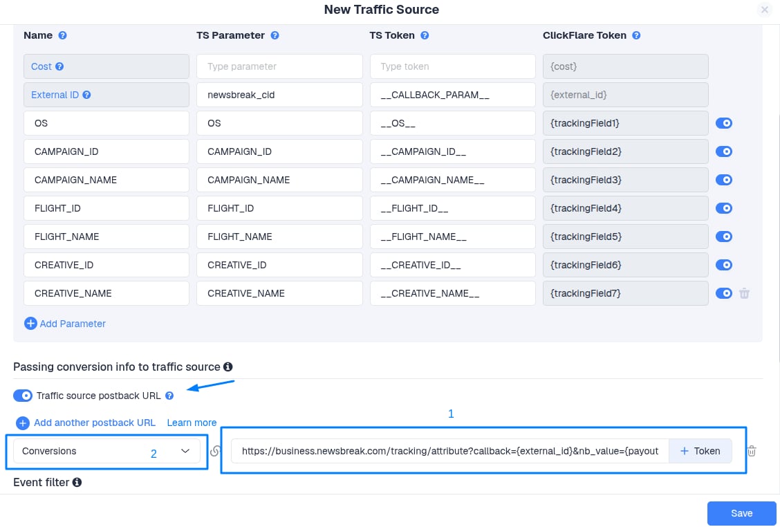 In ClickFlare, go to Traffic Sources and edit the NewsBreak traffic source template. Enable the toggle for Traffic…