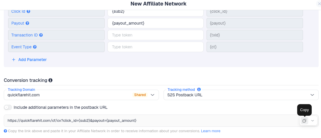 Click the Copy button next to the postback URL to copy it to your clipboard