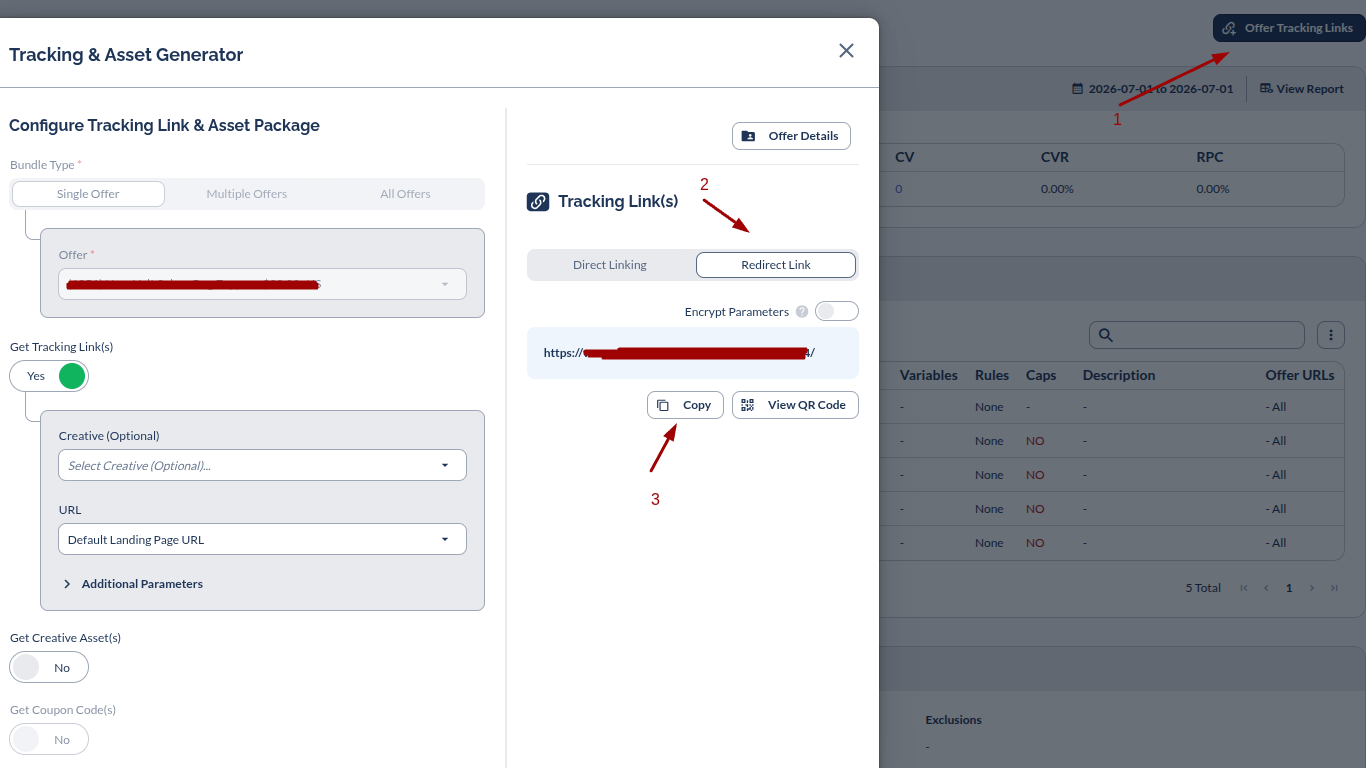 Copy the Redirect Link from the tracking URLs provided by Everflow