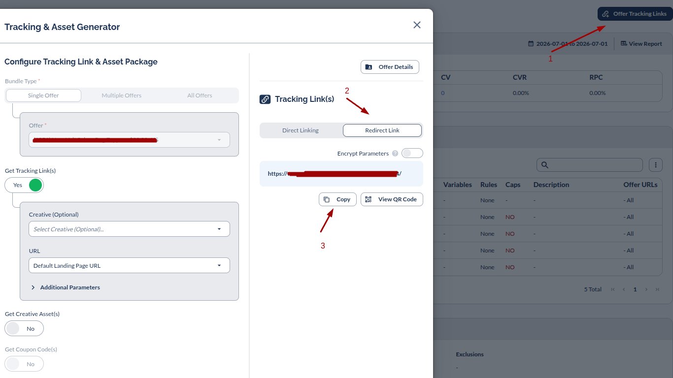 Copy the Redirect Link from the tracking URLs provided by Everflow