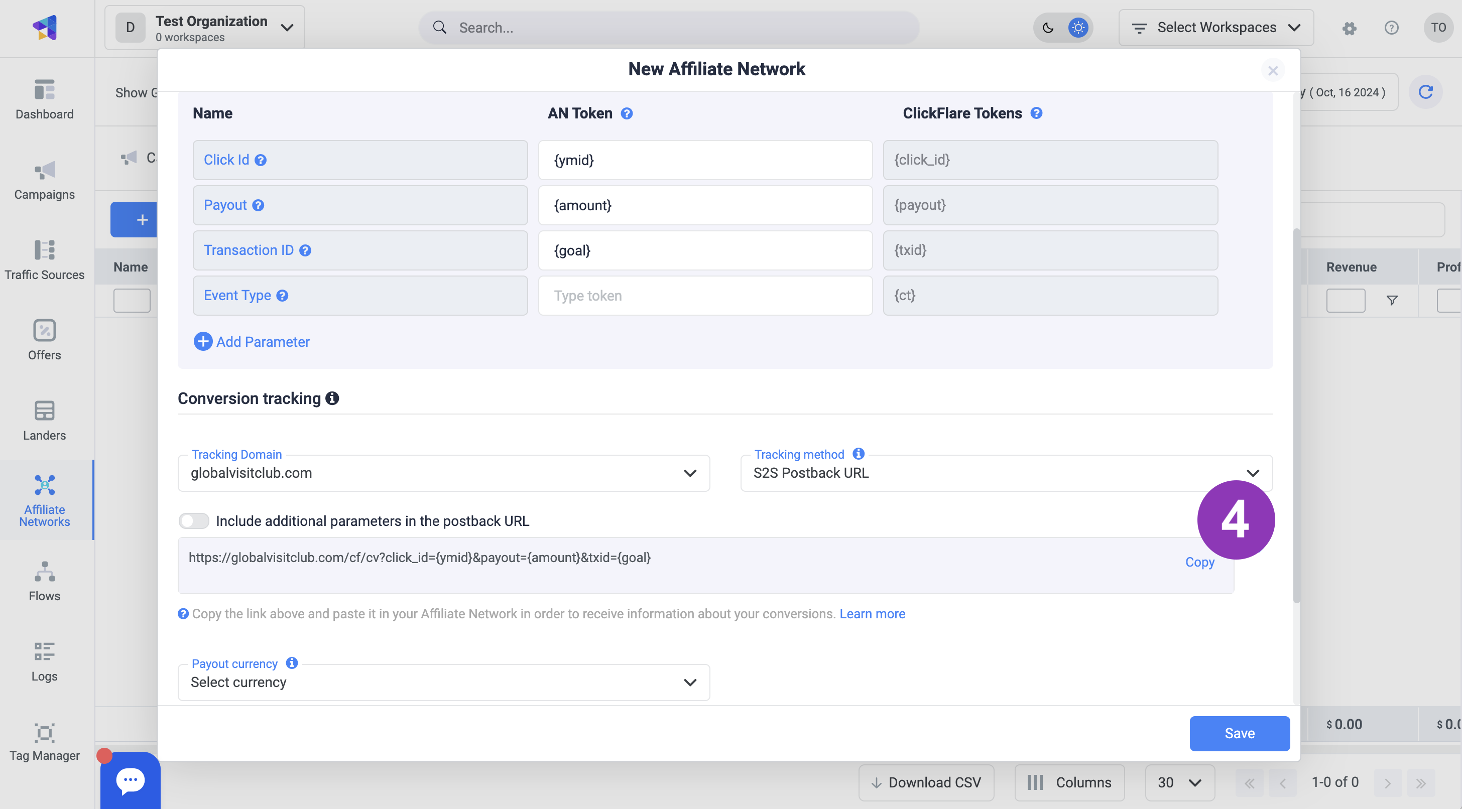 Click the Copy button next to the postback URL to copy it to your clipboard