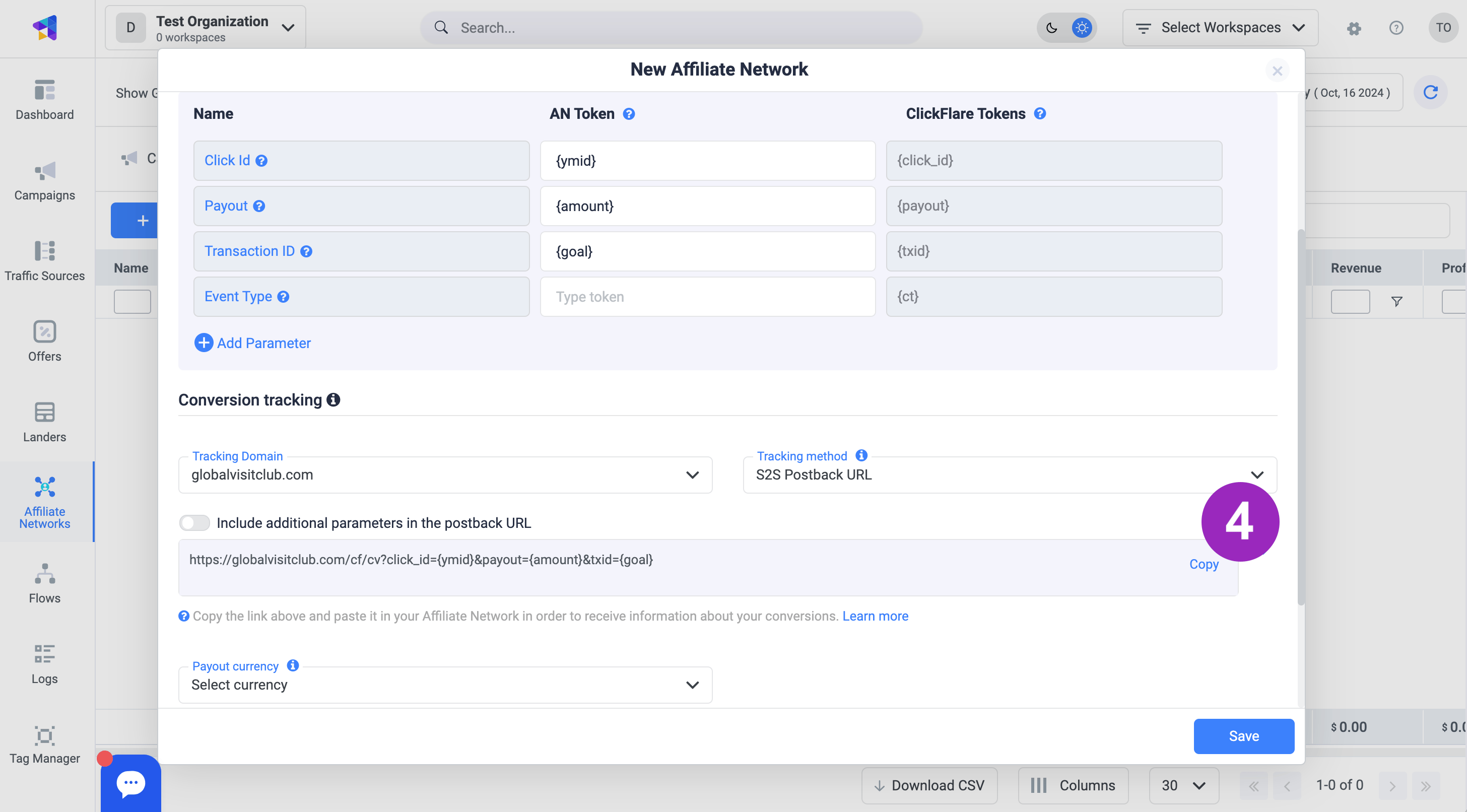 Click the Copy button next to the postback URL to copy it to your clipboard