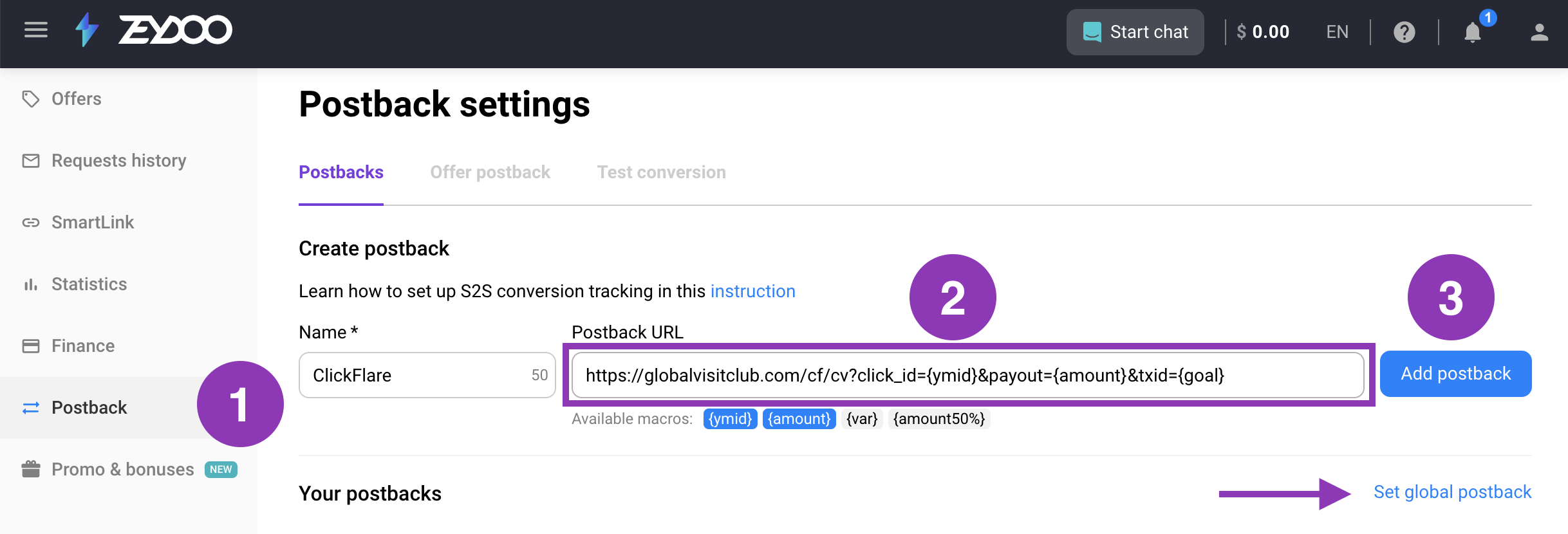 Click the Add Postback button