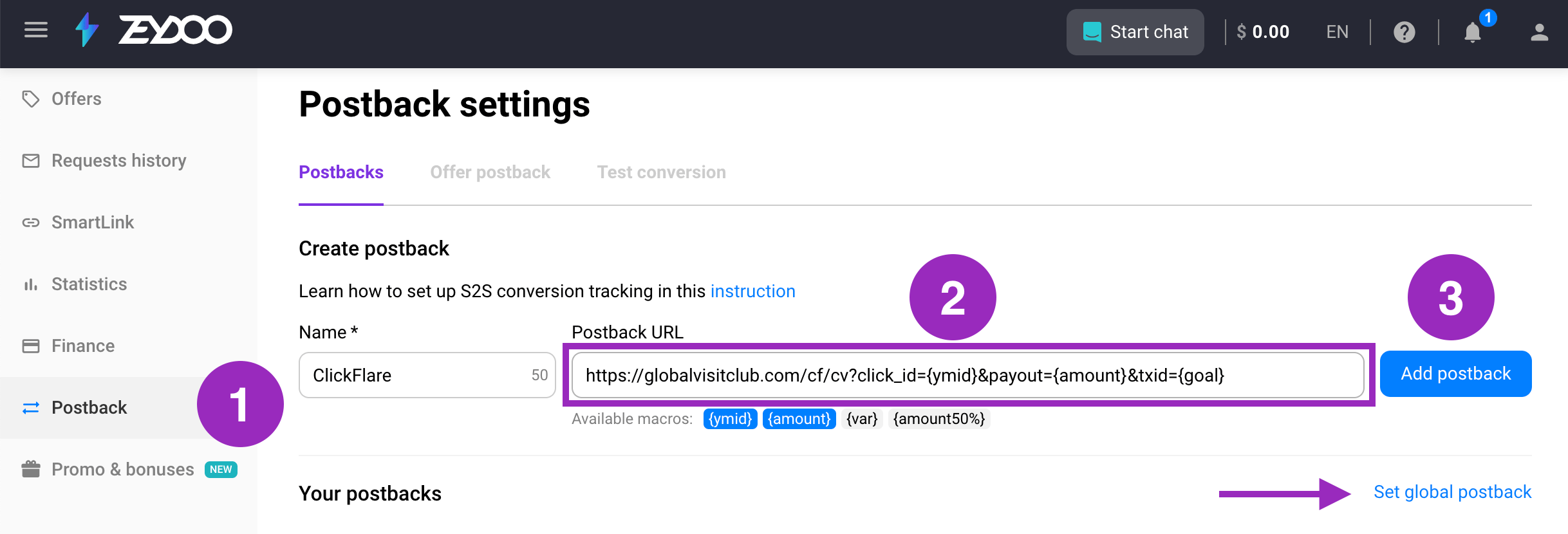 Click the Add Postback button