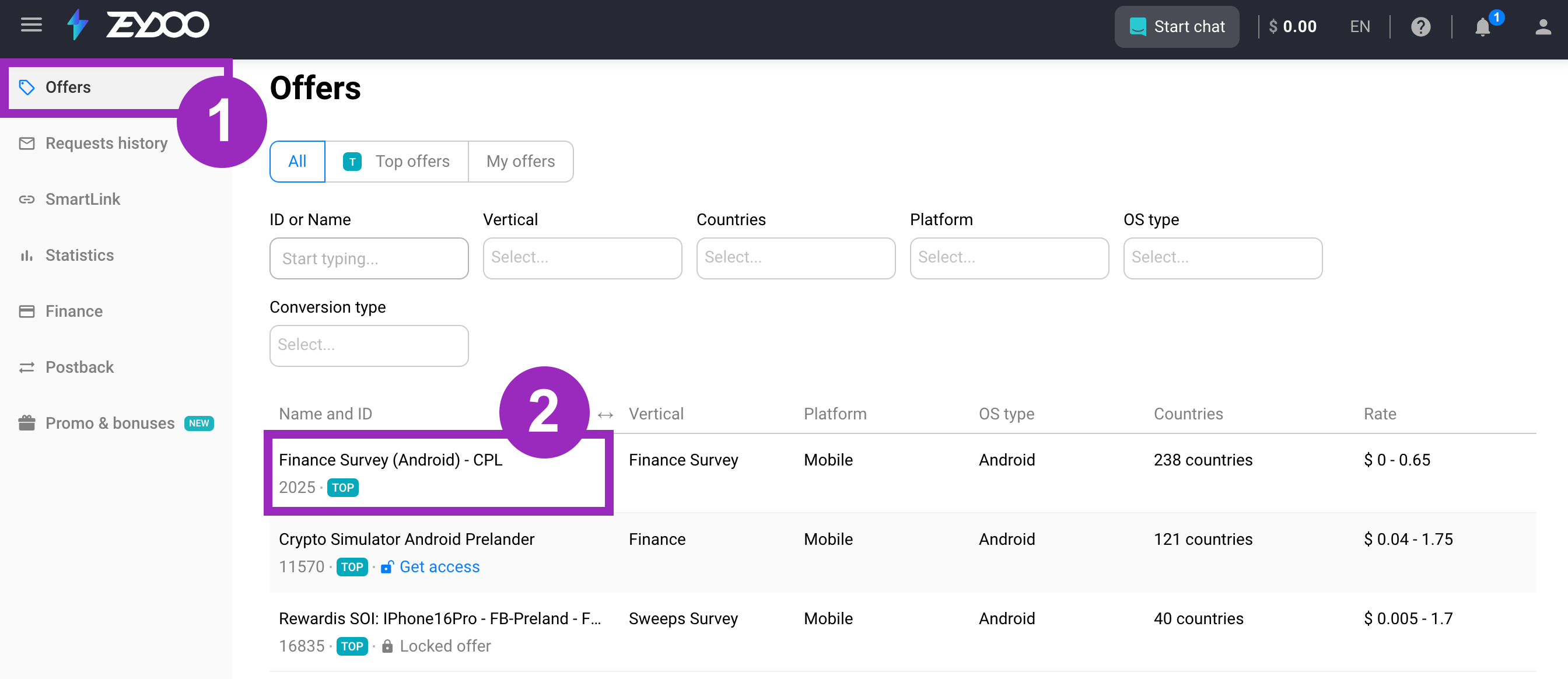 Use the filter settings to find an offer you wish to promote. Click on the selected offer