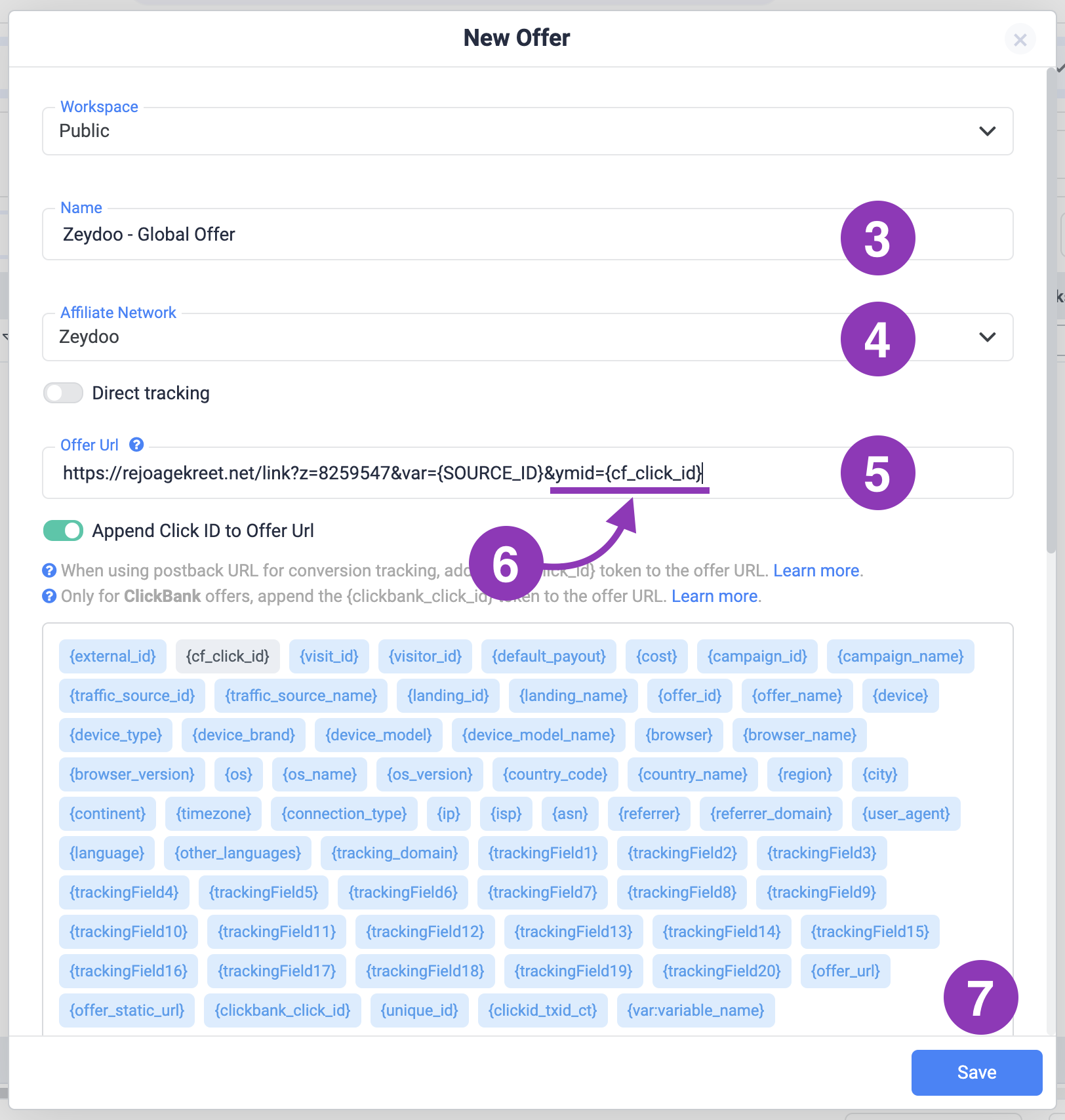Copy the tracking parameter and append it to the end of your offer URL after the & character