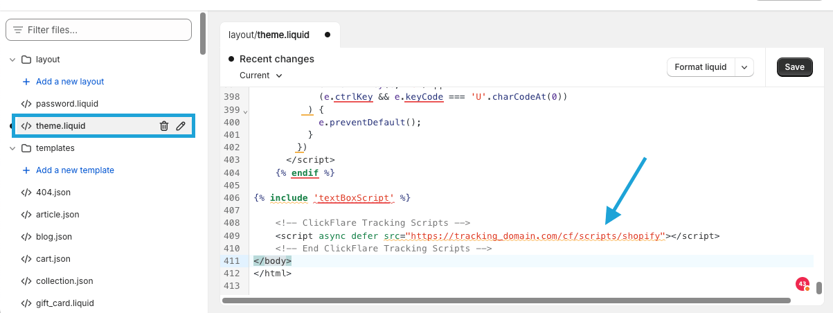 Scroll to the bottom of the file and paste the following script just before the closing tag