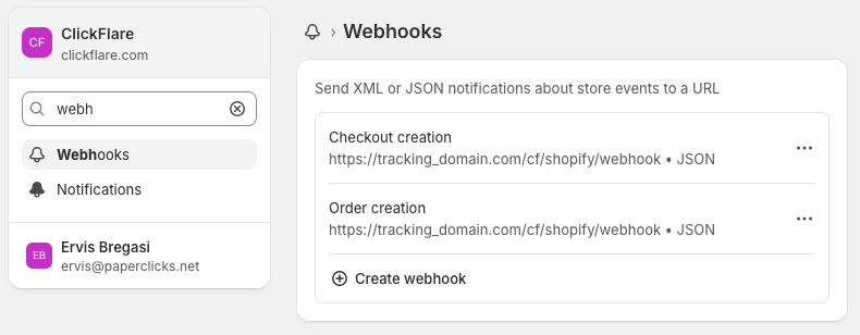 After you add both webhooks, they will appear in your Webhook list like this