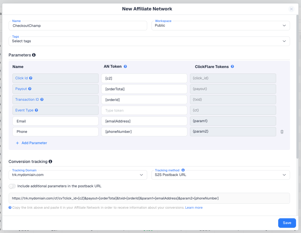 The Checkout Champ affiliate network template in ClickFlare, with the Checkout Champ macros pre-filled and the generated S2S postback URL