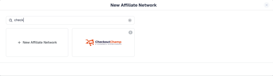 The New Affiliate Network dialog filtered by "check", showing the Checkout Champ template