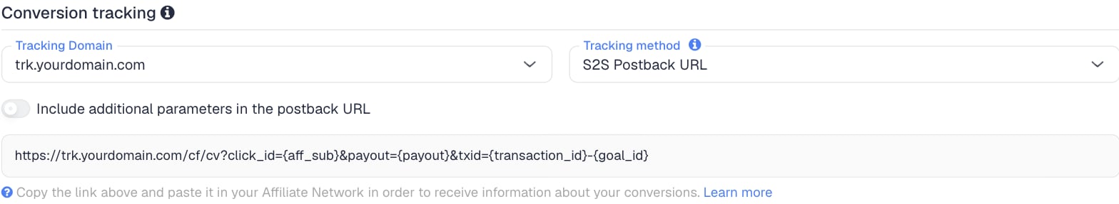 The Conversion tracking section of the CrakRevenue network in ClickFlare, with the generated postback URL: click_id={aff_sub}, payout={payout} and txid={transaction_id}-{goal_id}