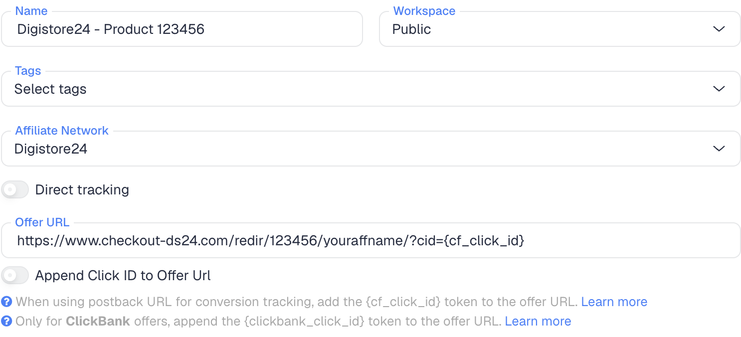 The ClickFlare New Offer form with the Digistore24 affiliate network selected and cid={cf_click_id} in the Offer URL