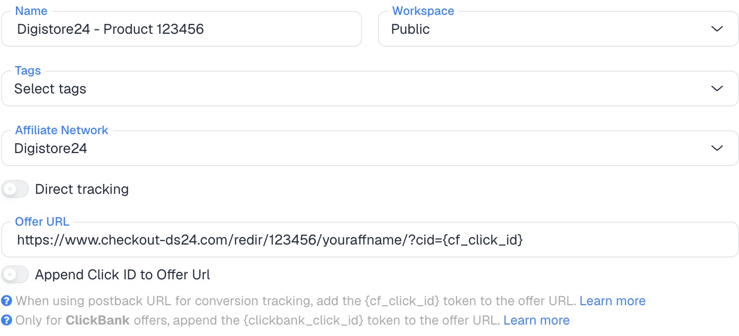 The ClickFlare New Offer form with the Digistore24 affiliate network selected and cid={cf_click_id} in the Offer URL