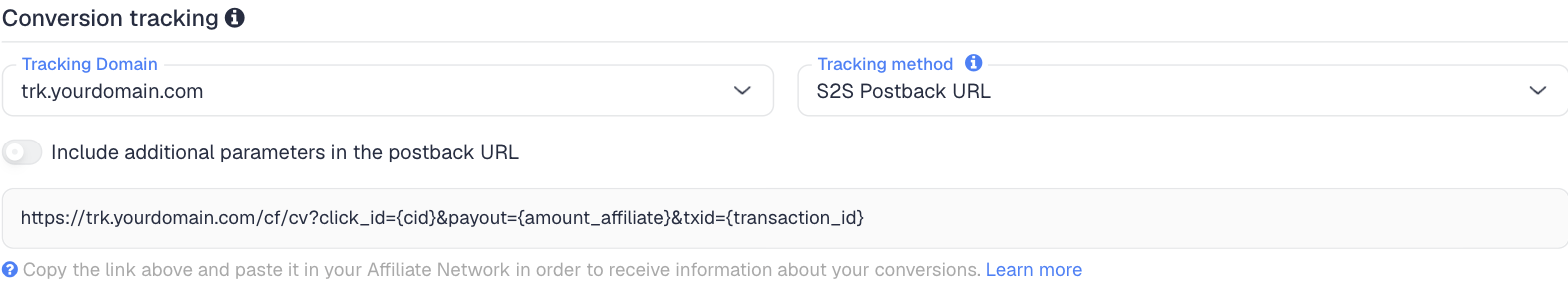 The Conversion tracking section of the Digistore24 network in ClickFlare, with the generated postback URL: click_id={cid}, payout={amount_affiliate} and txid={transaction_id}