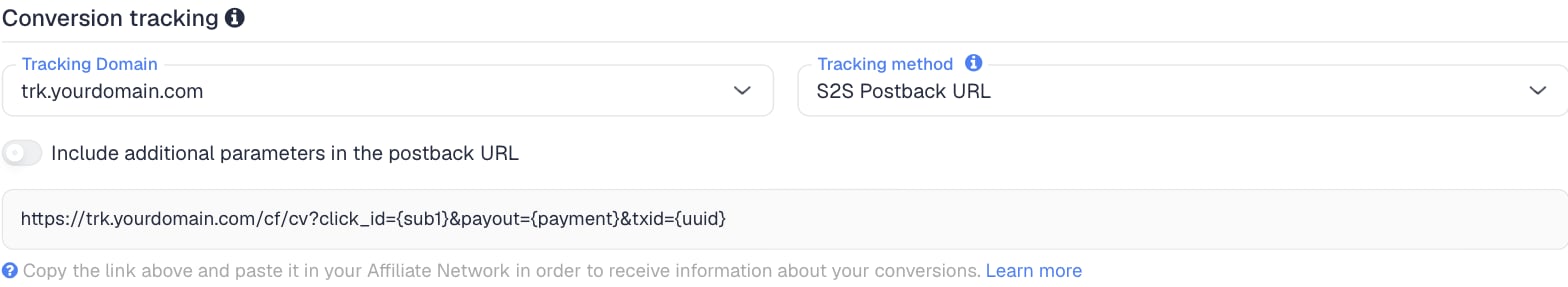 The Conversion tracking section of the Dr.Cash network in ClickFlare, with the generated postback URL: click_id={sub1}, payout={payment} and txid={uuid}