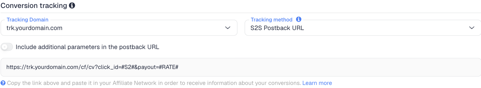 The Conversion tracking section of the MaxBounty network in ClickFlare, with the generated postback URL: click_id=#S2#, payout=#RATE#