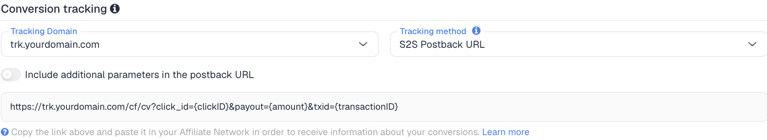 The Conversion tracking section of the Monetizer network in ClickFlare, with the generated postback URL: click_id={clickID}, payout={amount} and txid={transactionID}
