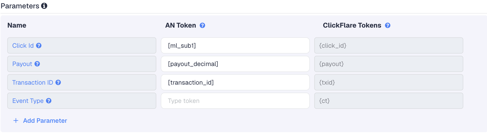 The MyLead template in ClickFlare: Click Id is [ml_sub1], Payout is [payout_decimal] and Transaction ID is [transaction_id]