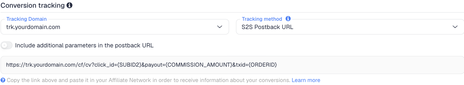 The Conversion tracking section of the BuyGoods network in ClickFlare, with the generated postback URL: click_id={SUBID2}, payout={COMMISSION_AMOUNT} and txid={ORDERID}