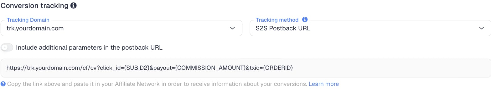 The Conversion tracking section of the BuyGoods network in ClickFlare, with the generated postback URL: click_id={SUBID2}, payout={COMMISSION_AMOUNT} and txid={ORDERID}