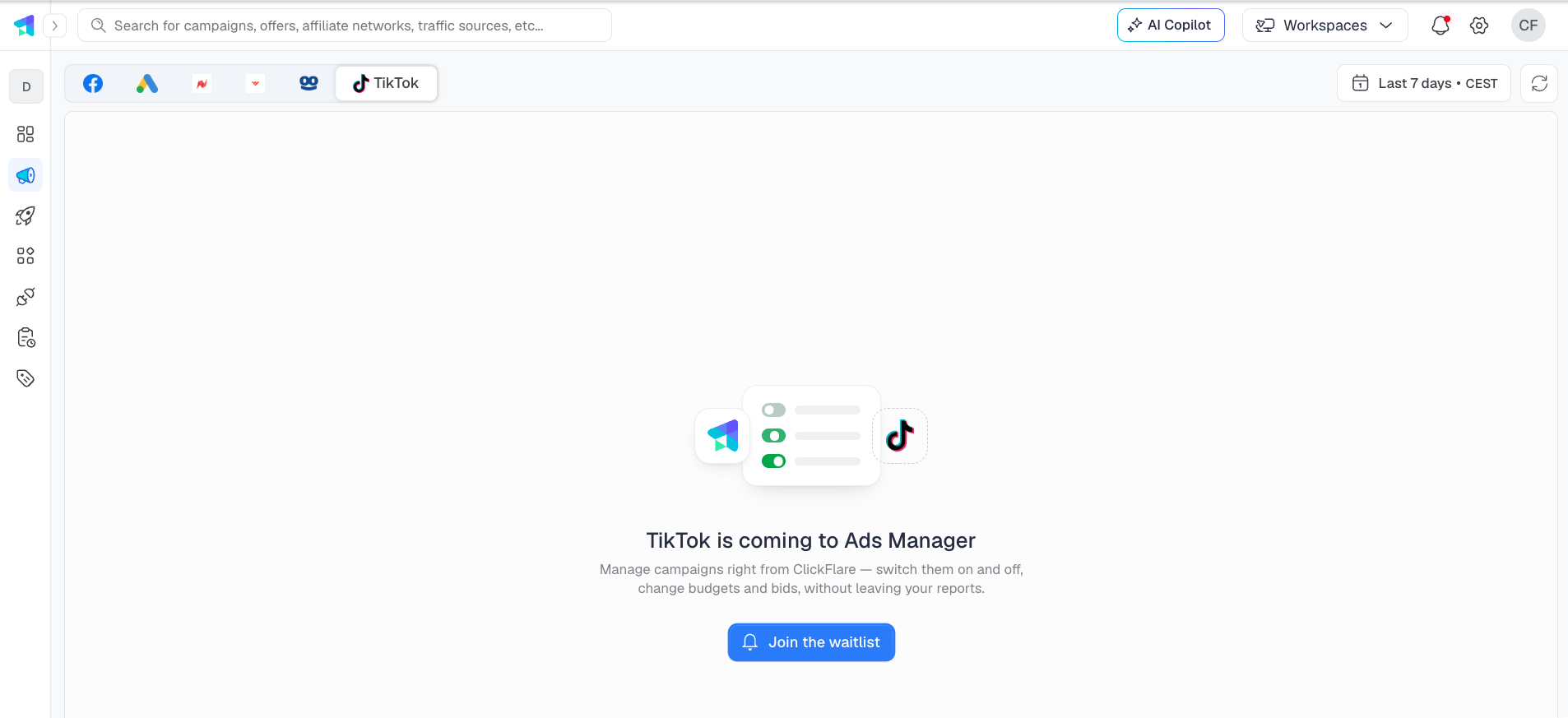 The TikTok tab in Ads Manager, showing TikTok is coming to Ads Manager and a Join the waitlist button