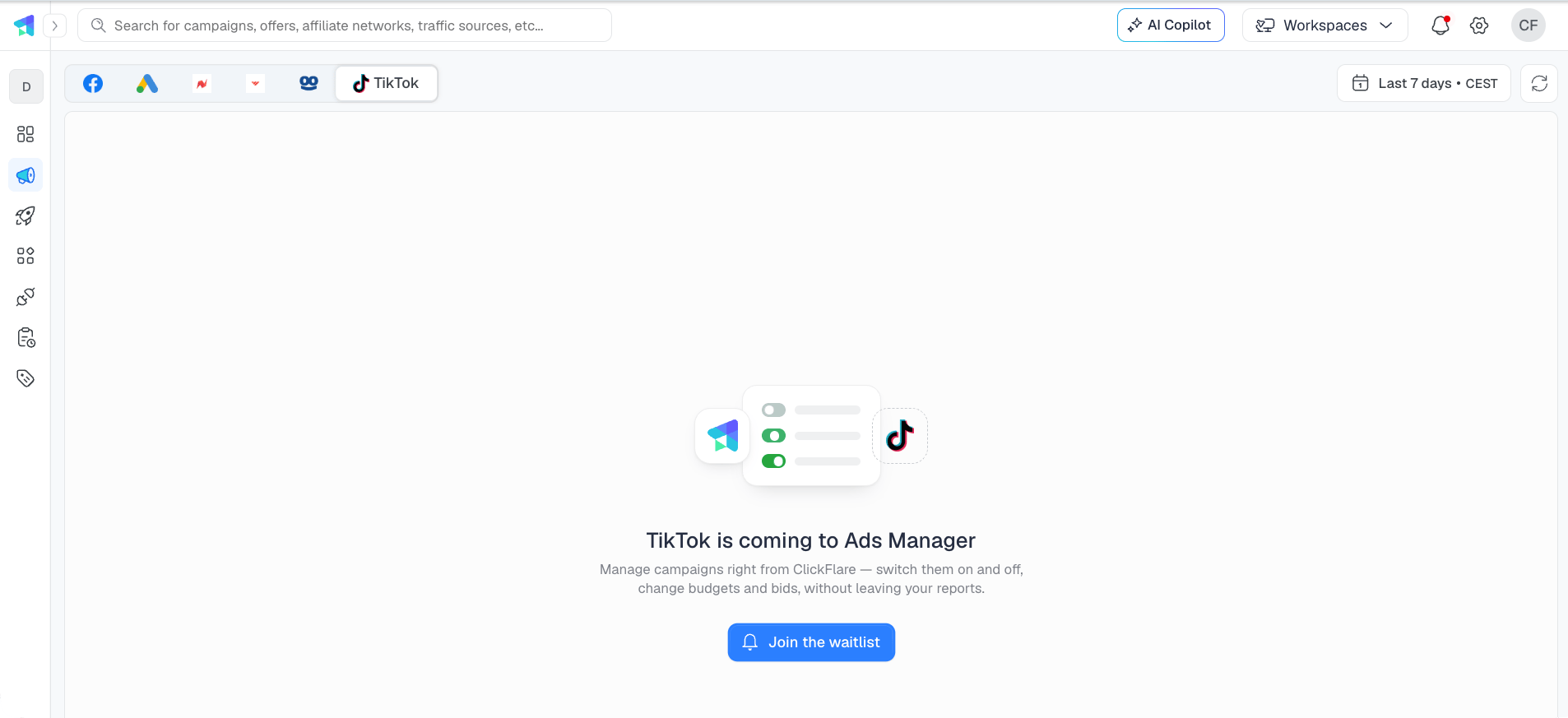 The TikTok tab in Ads Manager, showing TikTok is coming to Ads Manager and a Join the waitlist button