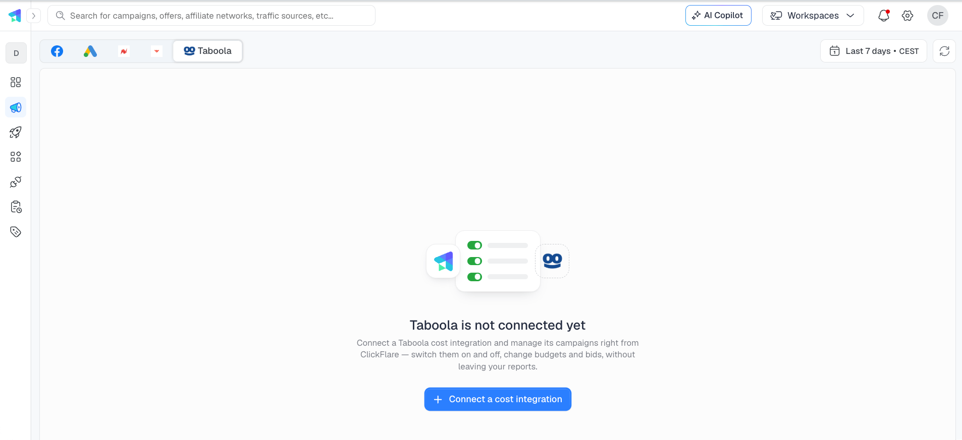 The Taboola tab showing Taboola is not connected yet and a Connect a cost integration button