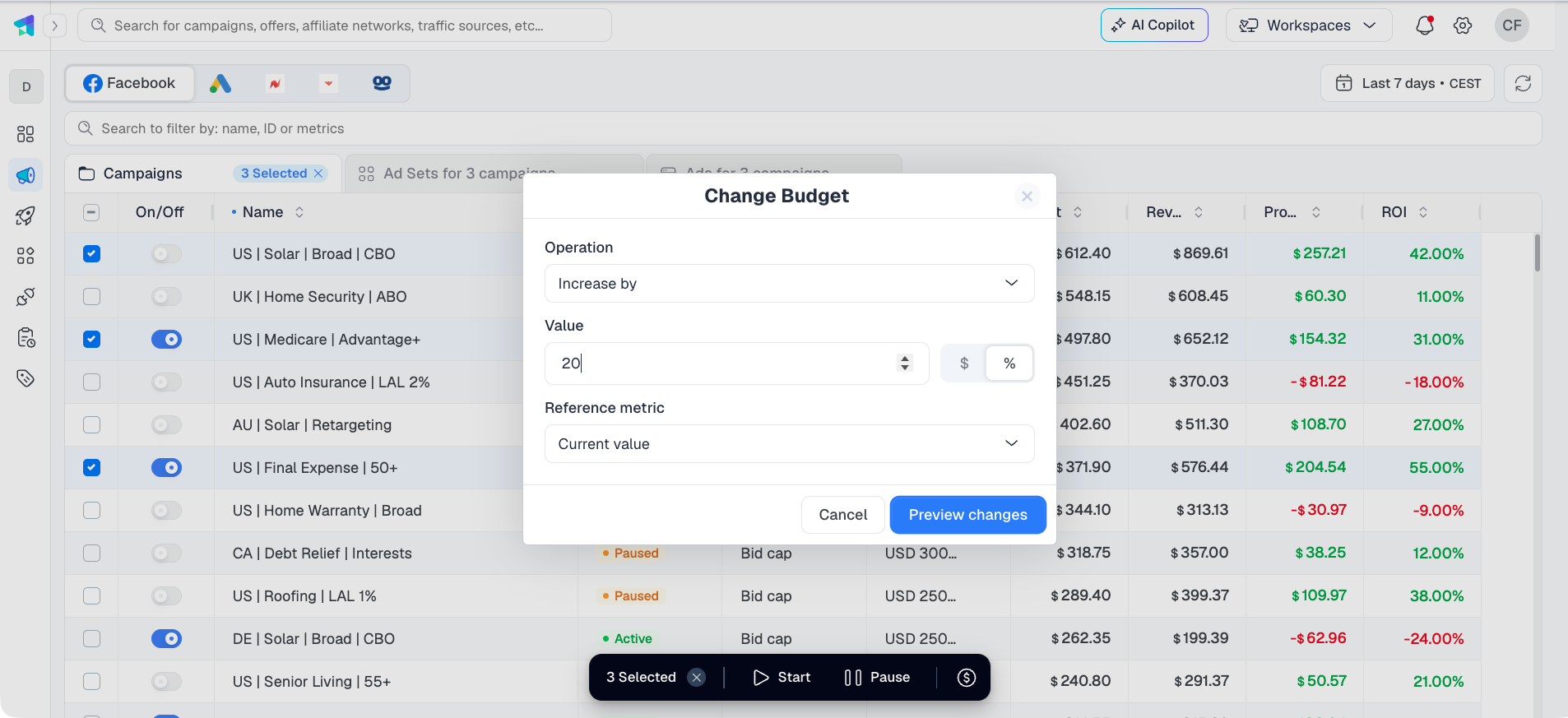 The Change Budget window set to increase by 20 percent of the current value