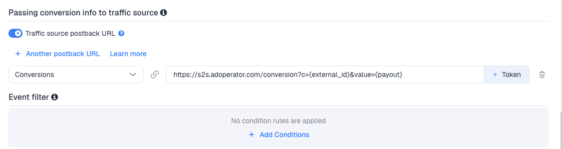 The Traffic source postback URL switched on, showing the AdOperator template's postback