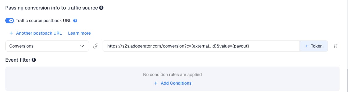 The Traffic source postback URL switched on, showing the AdOperator template's postback