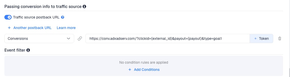 The Traffic source postback URL switched on, showing the ADxAD template's postback