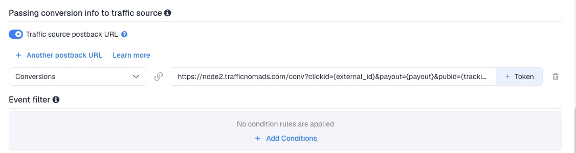 The Traffic source postback URL switched on, showing the Traffic Nomads template's postback