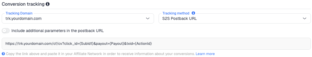 The Conversion tracking section of the Impact.com network in ClickFlare, with the generated postback URL