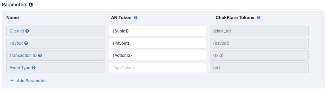 The Impact.com template in ClickFlare: Click Id is {SubId1}, Payout is {Payout} and Transaction ID is {ActionId}
