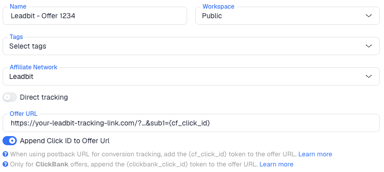 The ClickFlare New Offer form with the Leadbit affiliate network selected and sub1={cf_click_id} in the Offer URL