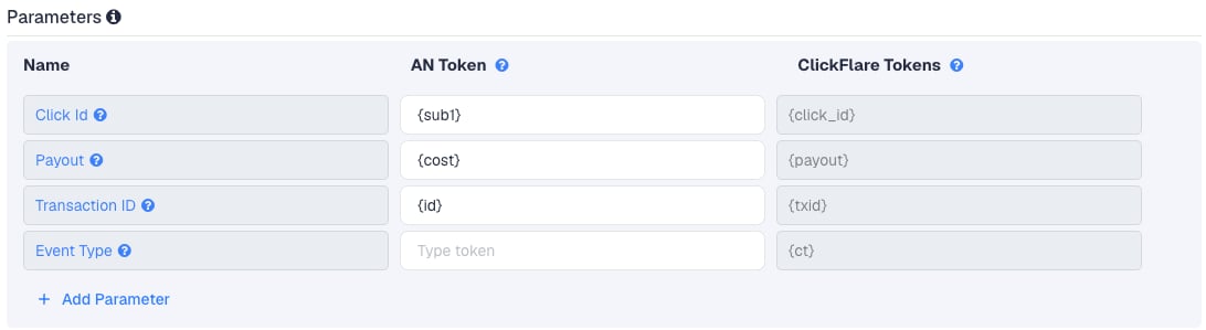 The Leadbit template in ClickFlare: Click Id is {sub1}, Payout is {cost} and Transaction ID is {id}
