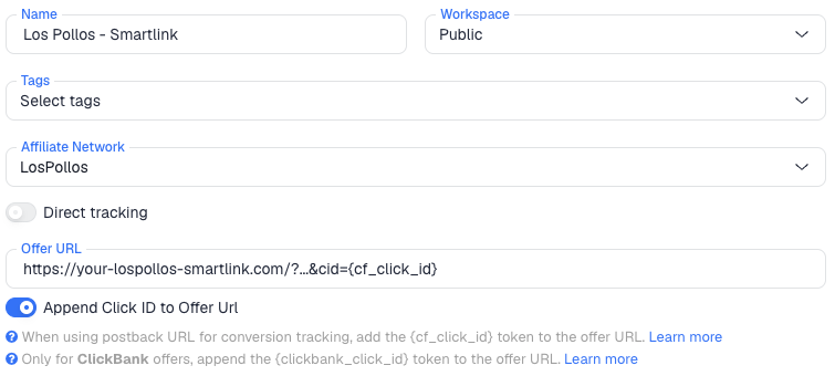 The ClickFlare New Offer form with the Los Pollos affiliate network selected and cid={cf_click_id} in the Offer URL