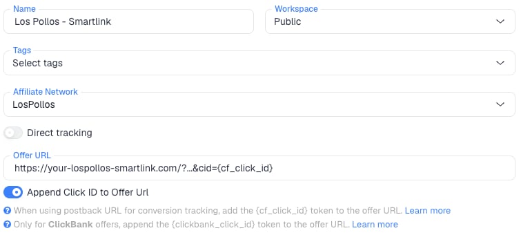 The ClickFlare New Offer form with the Los Pollos affiliate network selected and cid={cf_click_id} in the Offer URL