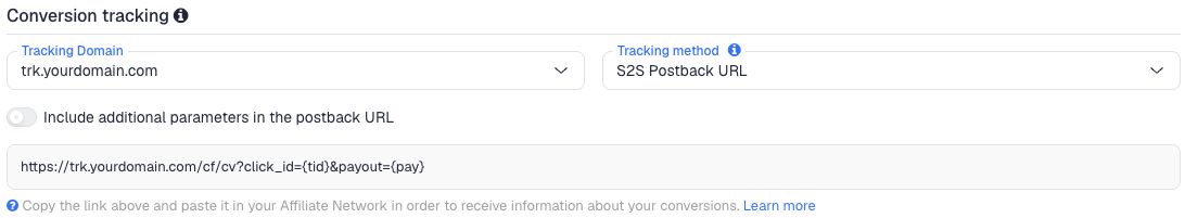 The Conversion tracking section of the Mobipium network in ClickFlare, with the generated postback URL