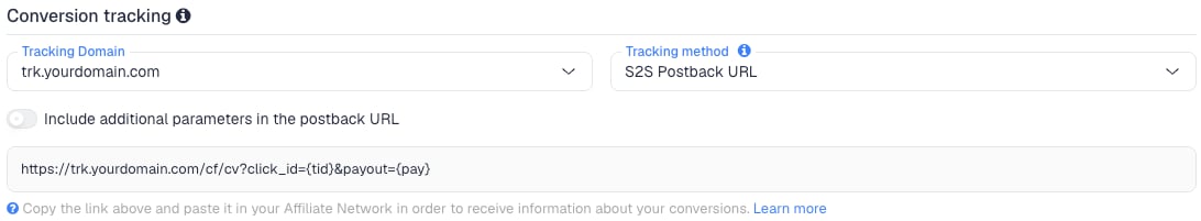 The Conversion tracking section of the Mobipium network in ClickFlare, with the generated postback URL