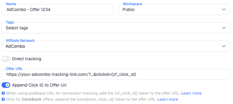 The ClickFlare New Offer form with the AdCombo affiliate network selected and clickid={cf_click_id} in the Offer URL