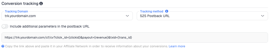 The Conversion tracking section of the AdCombo network in ClickFlare, with the generated postback URL
