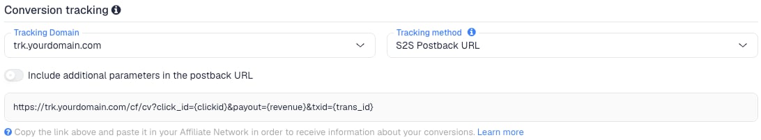 The Conversion tracking section of the AdCombo network in ClickFlare, with the generated postback URL
