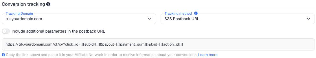The Conversion tracking section of the Admitad network in ClickFlare, with the generated postback URL