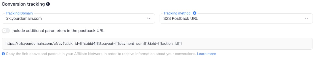 The Conversion tracking section of the Admitad network in ClickFlare, with the generated postback URL