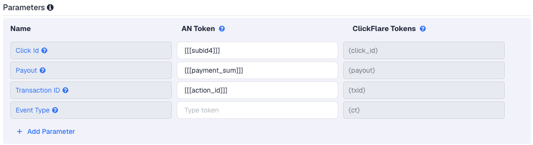 The Admitad template in ClickFlare: Click Id is [[[subid4]]], Payout is [[[payment_sum]]] and Transaction ID is [[[action_id]]]