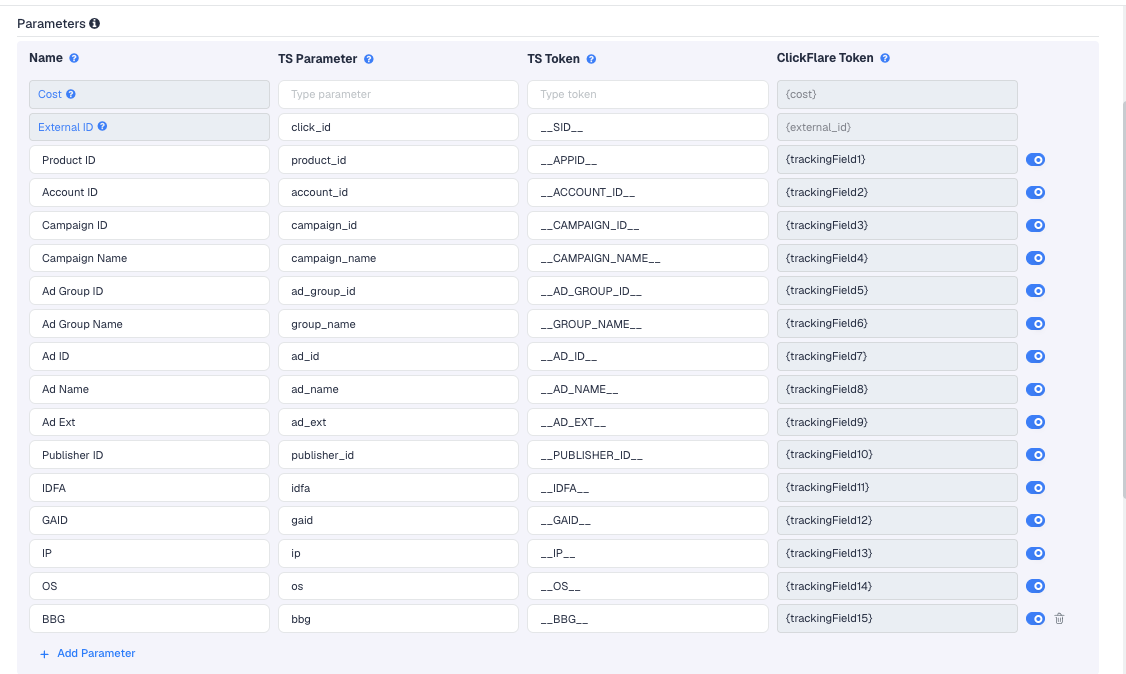 The BIGO Ads template's Parameters table in ClickFlare, with BIGO Ads' macros pre-filled