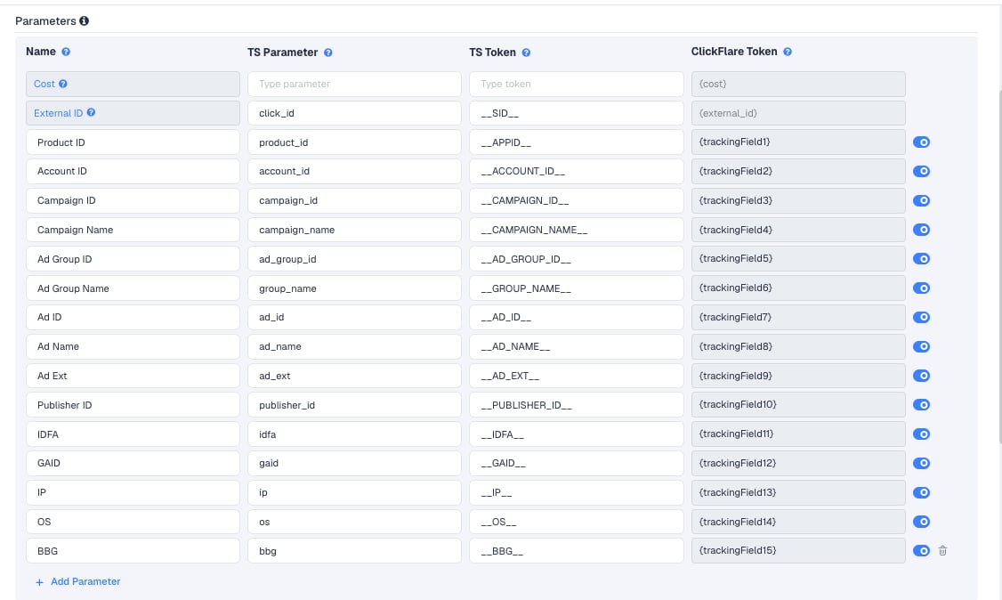 The BIGO Ads template's Parameters table in ClickFlare, with BIGO Ads' macros pre-filled